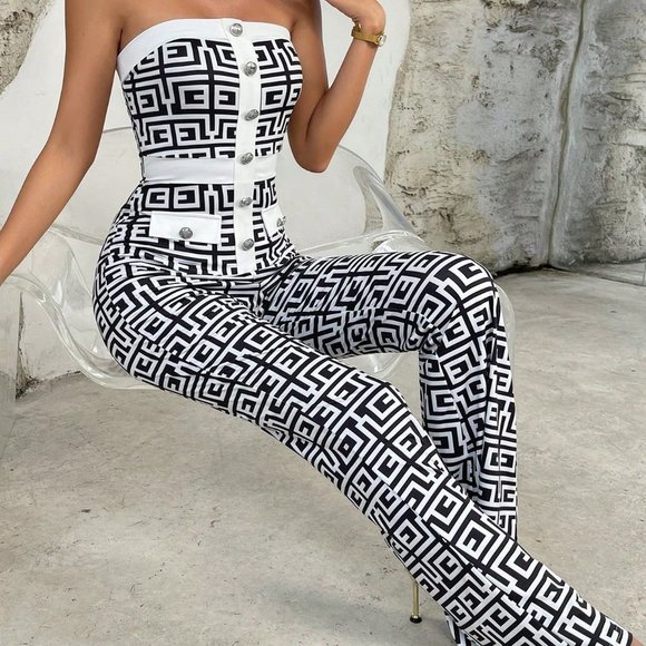 . Pants - White & Black Preppy Womens Geo Print Button Front Tube Jumpsuit